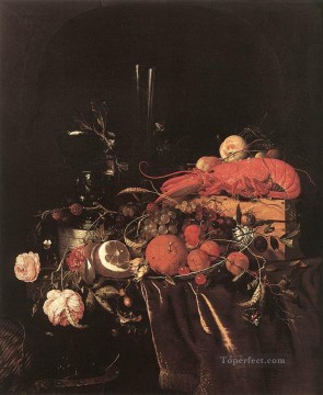 Bodegón con frutas flores vasos y langosta flor de Jan Davidsz de Heem Pinturas al óleo